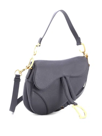 Pre-owned Dior Saddle Handbag With Strap Leather Medium Shoulder Bag In Black