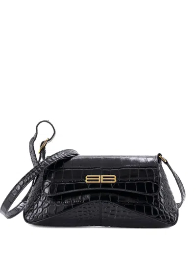 Pre-owned Balenciaga Xx Flap Street Shoulder Bag Crocodile Embossed Leather Small Hobo Bag In Black