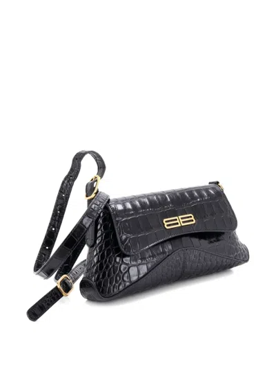 Pre-owned Balenciaga Xx Flap Street Shoulder Bag Crocodile Embossed Leather Small Hobo Bag In Black