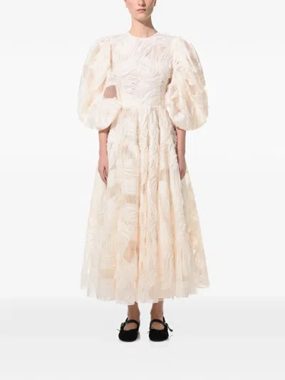 Anouki Puff-sleeve Embroidered Midi Dress In Neutral