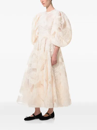 Anouki Puff-sleeve Embroidered Midi Dress In Neutral