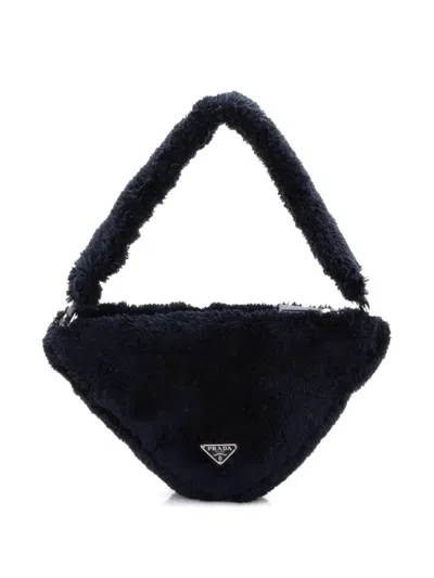 Pre-owned Prada Triangle Top Handle Pouch Bag Terry Cloth Mini Shoulder Bag In Black