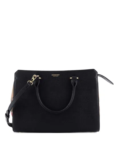 Pre-owned Burberry Banwell Leather And House Check Canvas Small Tote Bag In Black