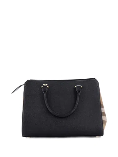 Pre-owned Burberry Banwell Leather And House Check Canvas Small Tote Bag In Black