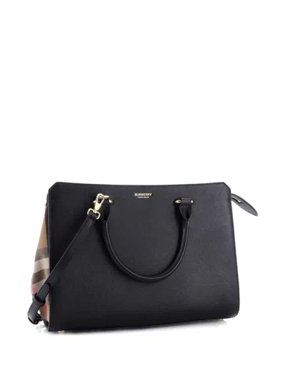 Pre-owned Burberry Banwell Leather And House Check Canvas Small Tote Bag In Black