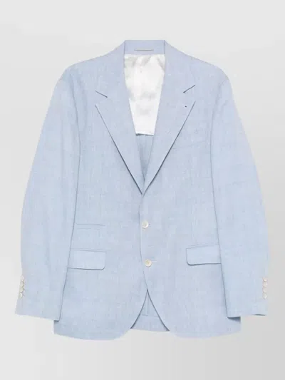 Brunello Cucinelli Linen And Wool Chevron Blazer Light Blue In White