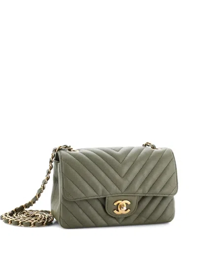 Pre-owned Chanel Classic Single Flap Bag Chevron Iridescent Crumpled Calfskin Mini Crossbody Bag In Green