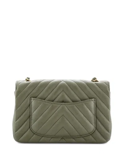 Pre-owned Chanel Classic Single Flap Bag Chevron Iridescent Crumpled Calfskin Mini Crossbody Bag In Green
