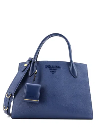Pre-owned Prada Monochrome Saffiano With City Calf Medium Tote Bag In Blue