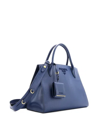 Pre-owned Prada Monochrome Saffiano With City Calf Medium Tote Bag In Blue