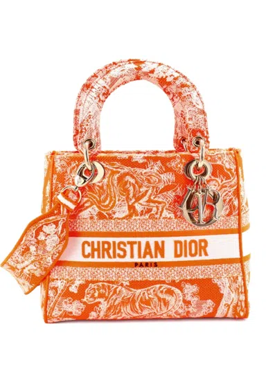 Pre-owned Dior Toile De Jouy Lady D-lite Bag Embroidered Canvas Tote Bag In Orange