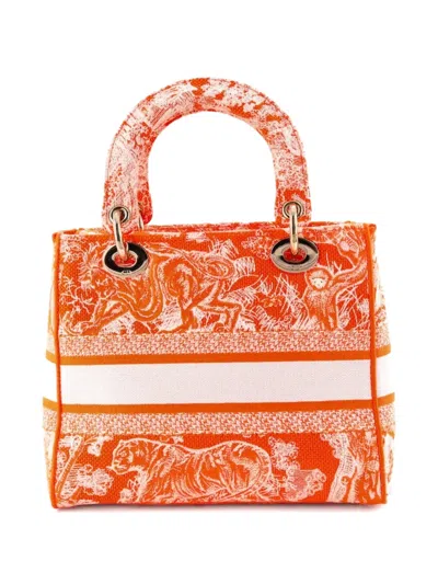 Pre-owned Dior Toile De Jouy Lady D-lite Bag Embroidered Canvas Tote Bag In Orange