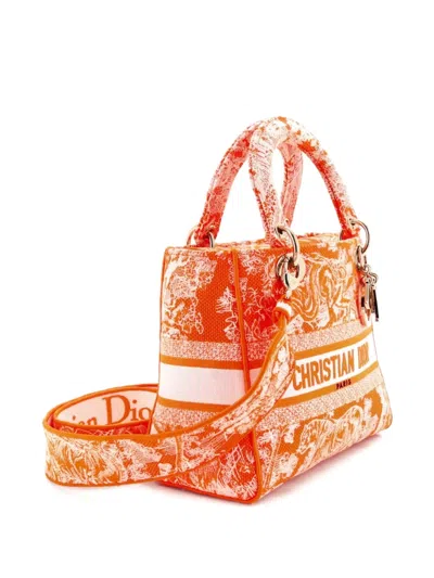 Pre-owned Dior Toile De Jouy Lady D-lite Bag Embroidered Canvas Tote Bag In Orange