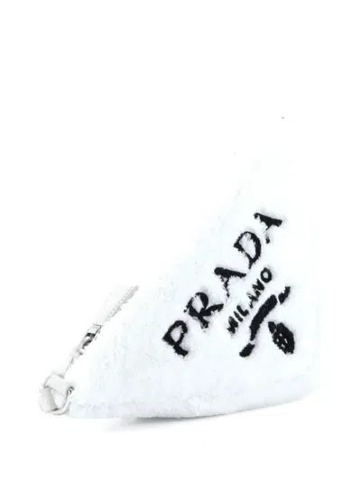 Pre-owned Prada Triangle Logo Zip Terry Cloth Small Crossbody Bag In White