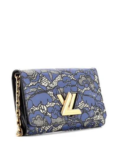 Pre-owned Louis Vuitton Twist Chain Wallet Lace Embossed Leather Crossbody Bag In Blue