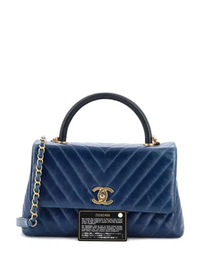 Pre-owned Chanel Coco Top Handle Bag Chevron Calfskin With Lizard Small Satchel In Blue