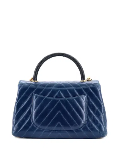 Pre-owned Chanel Coco Top Handle Bag Chevron Calfskin With Lizard Small Satchel In Blue