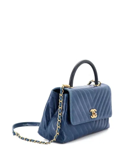 Pre-owned Chanel Coco Top Handle Bag Chevron Calfskin With Lizard Small Satchel In Blue