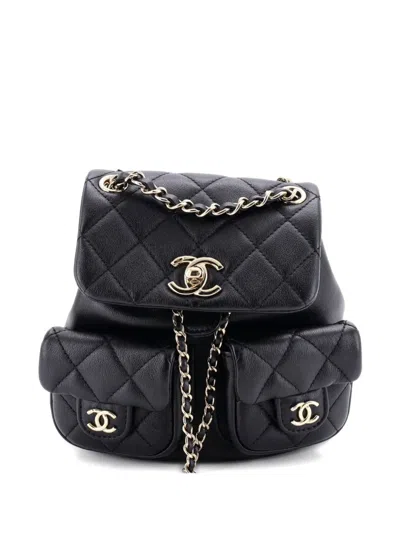 Pre-owned Chanel Duma Pockets Drawstring Quilted Calfskin Small Backpack In Black