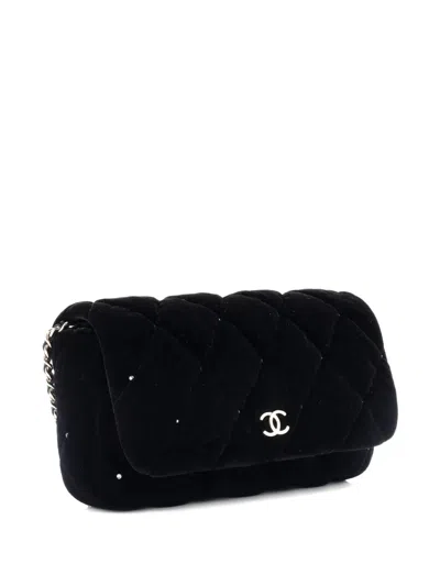 Pre-owned Chanel Cc Chain Quilted Velvet With Crystals Clutch Bag In Black