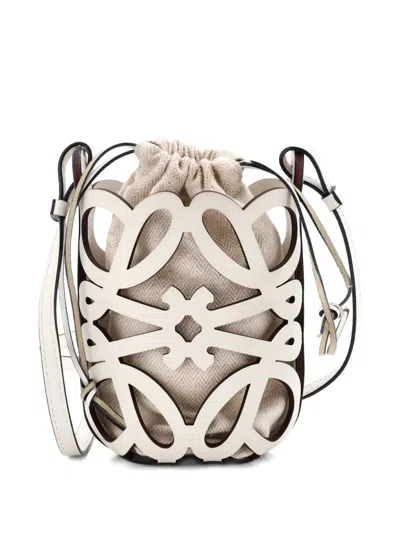Pre-owned Loewe Anagram Drawstring Crossbody Bag Leather With Canvas Mini Bucket Bag In White
