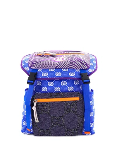 Pre-owned Gucci Panelled Double Buckle Gg Jacquard Nylon And Rubber Large Backpack In Blue