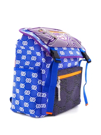 Pre-owned Gucci Panelled Double Buckle Gg Jacquard Nylon And Rubber Large Backpack In Blue