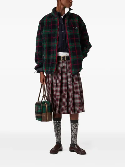 Miu Miu Checked Teddy Zipper Jacket In Green