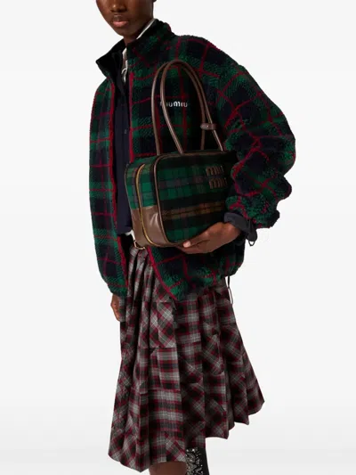Miu Miu Checked Teddy Zipper Jacket In Green