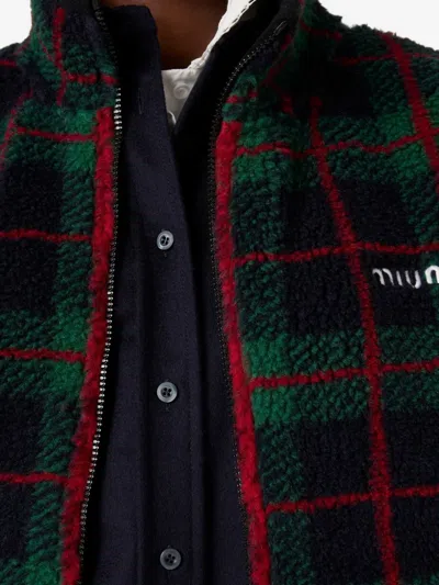 Miu Miu Checked Teddy Zipper Jacket In Green