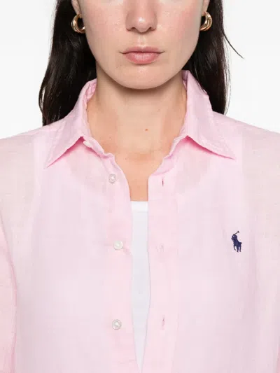 Polo Ralph Lauren Longsleeve Linen Top In Pink