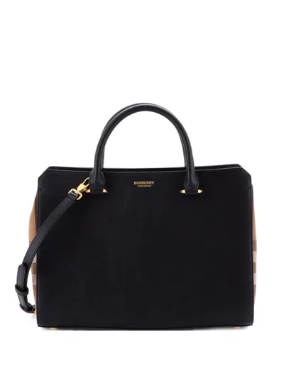 Pre-owned Burberry Banwell Leather And House Check Canvas Small Tote Bag In Black