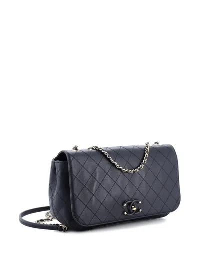 Pre-owned Chanel Covered Cc Flap Bag Stitched Calfskin Medium Shoulder Bag In Black