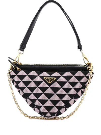 Pre-owned Prada Double Symbole Triangle Bag Leather And Jacquard Mini Shoulder Bag In Black