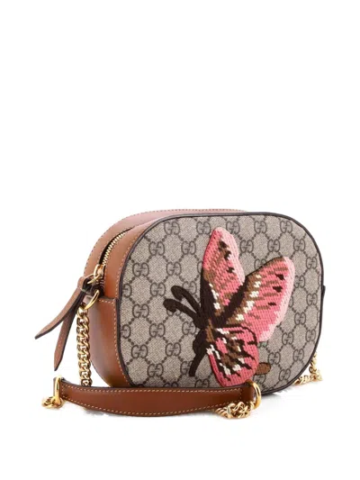 Pre-owned Gucci Chain Embroidered Gg Coated Canvas Mini Crossbody Bag In Brown