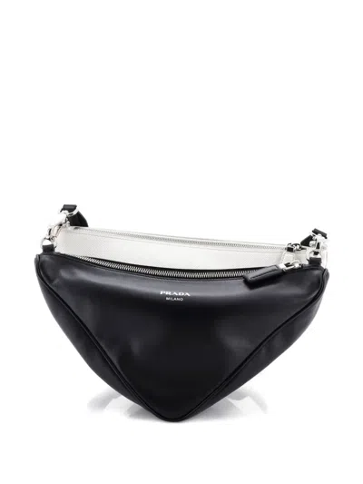 Pre-owned Prada Double Triangle Logo Zip Shoulder Bag Saffiano Leather And Leather Crossbody Bag In White