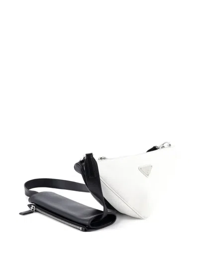 Pre-owned Prada Double Triangle Logo Zip Shoulder Bag Saffiano Leather And Leather Crossbody Bag In White