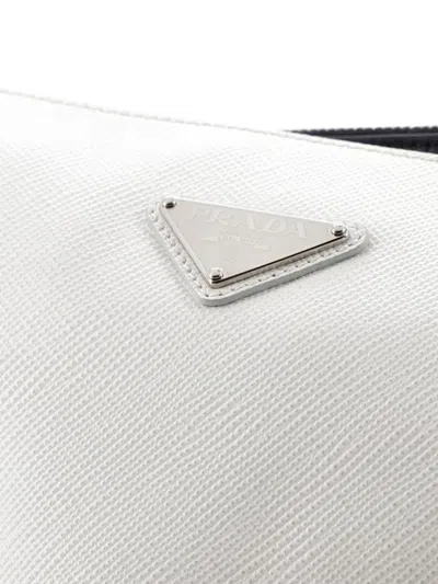Pre-owned Prada Double Triangle Logo Zip Shoulder Bag Saffiano Leather And Leather Crossbody Bag In White
