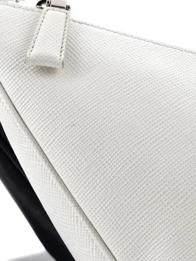 Pre-owned Prada Double Triangle Logo Zip Shoulder Bag Saffiano Leather And Leather Crossbody Bag In White