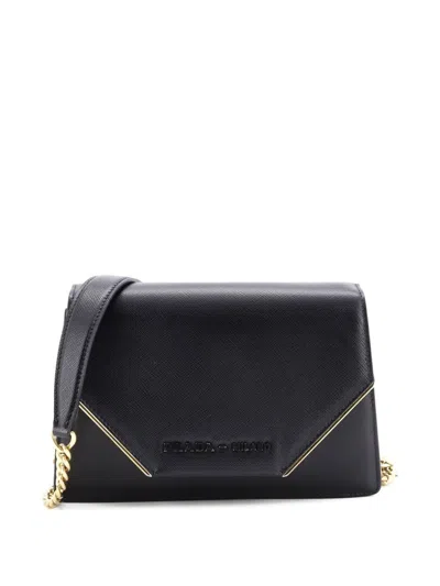 Pre-owned Prada Convertible Flap With Chain City Calf And Saffiano Clutch Bag In Black