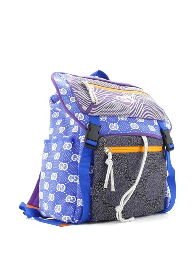 Pre-owned Gucci Panelled Double Buckle Gg Jacquard Nylon And Rubber Large Backpack In Blue
