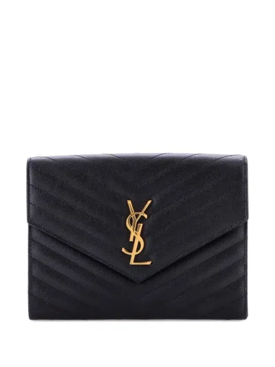 Pre-owned Saint Laurent Classic Monogram Envelope Wristlet Matelasse Chevron Leather Clutch Bag In Black