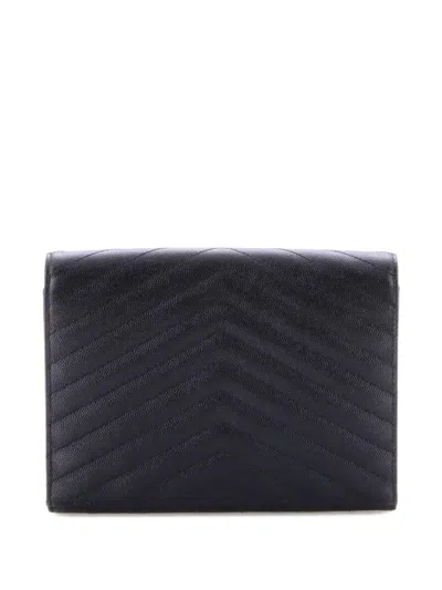 Pre-owned Saint Laurent Classic Monogram Envelope Wristlet Matelasse Chevron Leather Clutch Bag In Black
