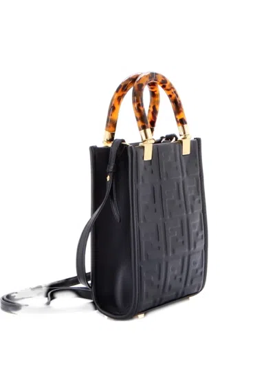 Pre-owned Fendi Sunshine Shopper Zucca Embossed Leather Mini Tote Bag In Black