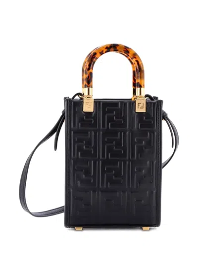 Pre-owned Fendi Sunshine Shopper Zucca Embossed Leather Mini Tote Bag In Black