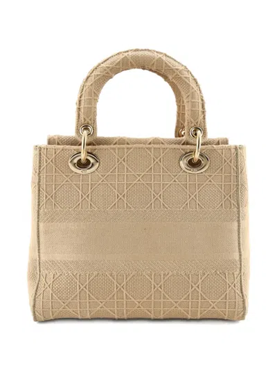 Pre-owned Dior Lady D-lite Bag Cannage Embroidered Canvas Medium Satchel In Neutral