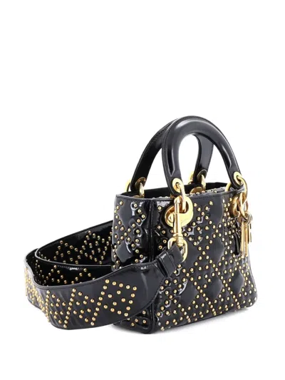 Pre-owned Dior Supple Lady  Bag Cannage Studded Patent Mini Tote Bag In Black