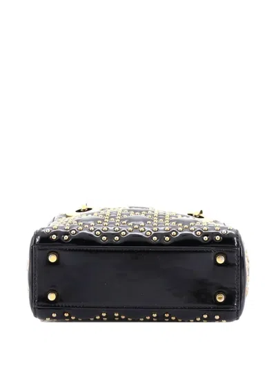 Pre-owned Dior Supple Lady  Bag Cannage Studded Patent Mini Tote Bag In Black