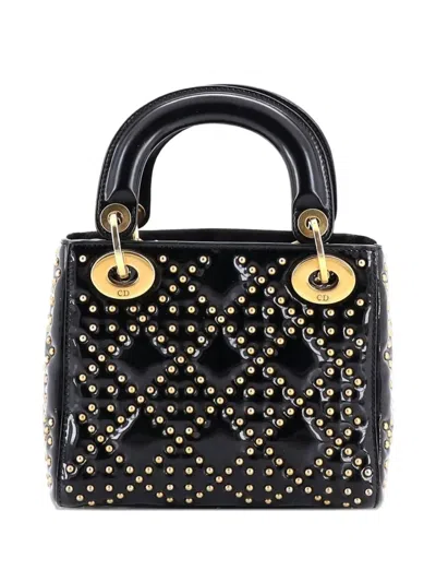 Pre-owned Dior Supple Lady  Bag Cannage Studded Patent Mini Tote Bag In Black