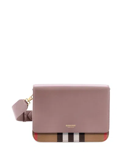 Pre-owned Burberry Mackford Leather And House Check Canvas Small Shoulder Bag In Neutral